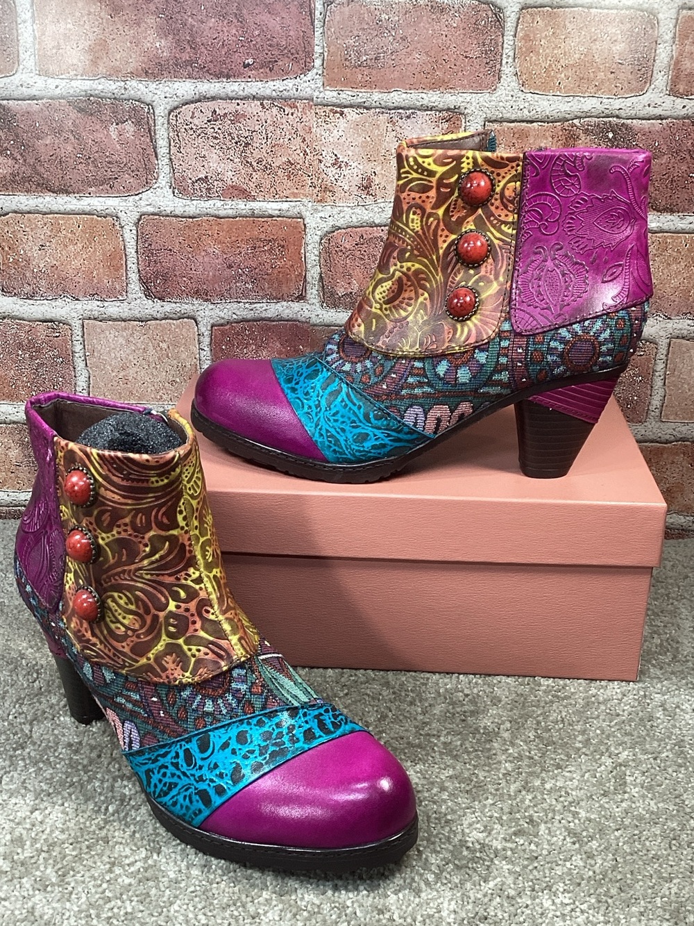 Socofy women’s Boho heeled ankle booties size 38 eu size 7.5-8 US